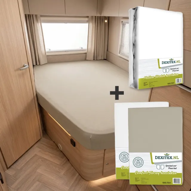 dexitex Textielpakket Frans bed - 1 molton met 2 hoeslakens - links 1 x Wit + 1 x Zandkleur 1 x molton/ 1 x wit + 1 x zandkleur hoeslaken