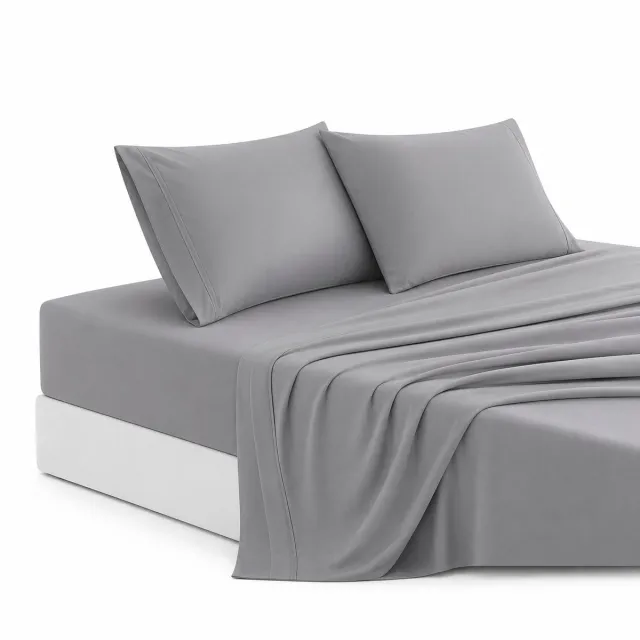 Linen Closet 100% Katoen Hoeslaken 150x200 cm & 4-Delig Lakensset met Plat Laken - 400 Draaddichtheid Percale Weave Grijs - Ademende Beddengoed Set met True Grip Elastieksysteem, Diepe Pocket & Zachte Kussenslopen