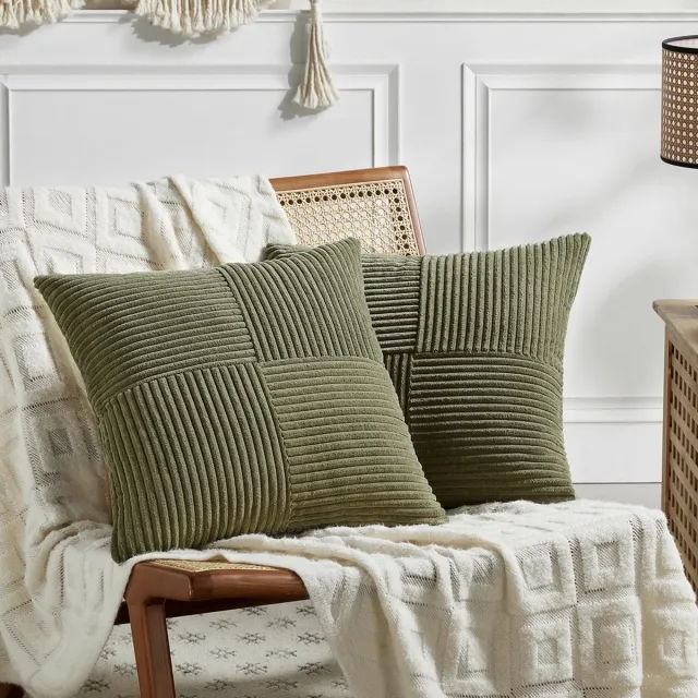 Ibenzoa Klassieke Corduroy Kussenslopen Set van 2 voor Stijlvolle Interieurdecoratie in Olijfgroen