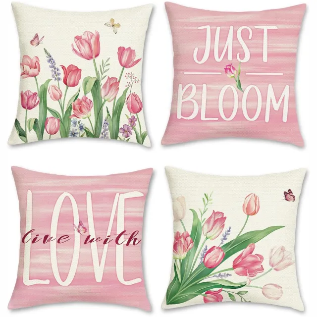 Unyqoos ® Set van 4 Decoratieve Kussenslopen met Lente Bloemenmotief voor Huis en Tuin roze
