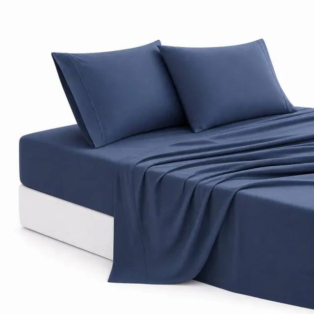 Linen Closet 100% Katoen Hoeslaken 150x200 cm & 4-Delig Lakensset met Plat Laken - 400 Draaddichtheid Percale Weave Donkerblauw - Ademende Beddengoed Set met True Grip Elastieksysteem, Diepe Pocket & Zachte Kussenslopen