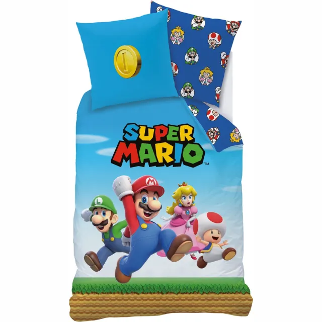 Super Mario Dekbedovertrek Friends - 140 x 200 + 63 x 63 cm - Katoen Blauw