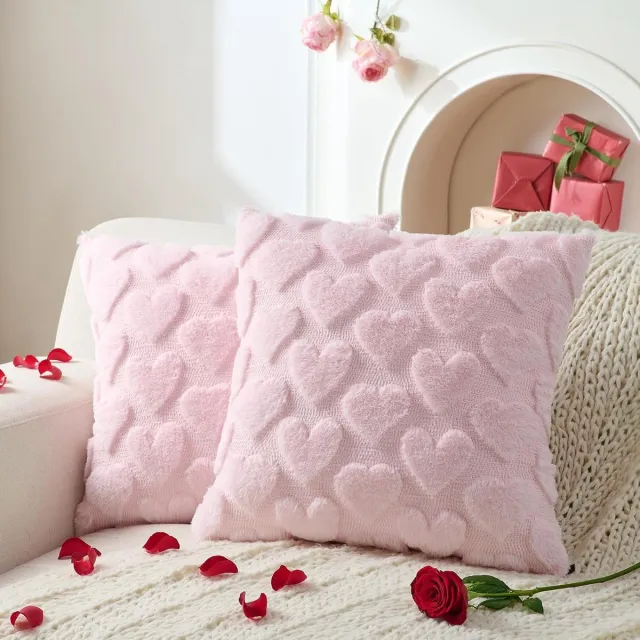 SNQ Twee romantische hartvormige kussenslopen - roze - zacht fleecemateriaal met een groot hartpatroon - 45x45 cm - geschikt voor banken en slaapkamers