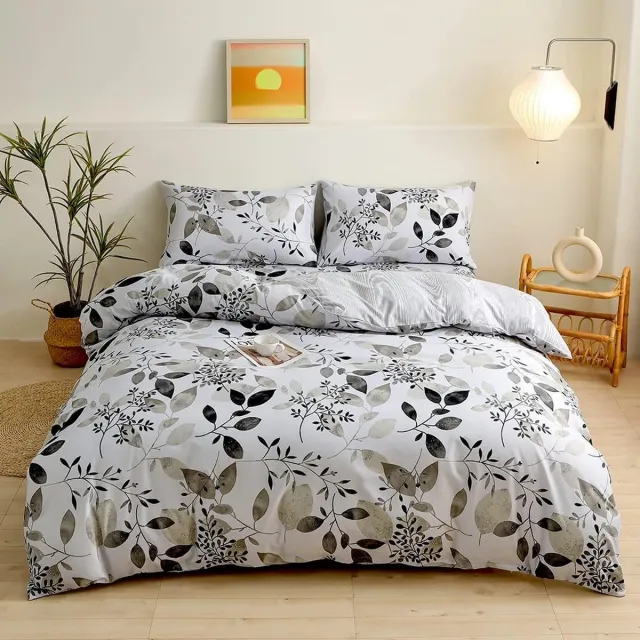 San Marque Beddengoed , wit zwart bladerenpatroon, zacht wollig microvezel, 3-delig modern esthetisch dekbedovertrek met ritssluiting en 2 kussenslopen Bladeren zwart
