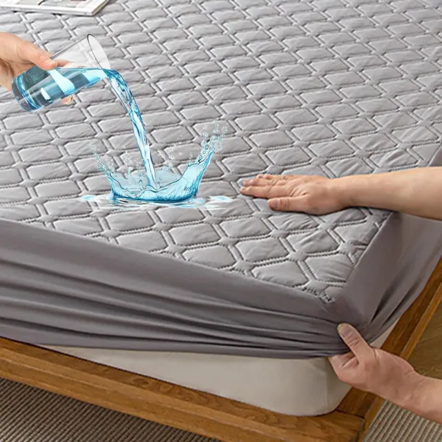 Famanu Matrasbeschermer, waterdicht, 160 x 200 cm, grijs, gewatteerde topper, wasbare en ademende matrashoes, rekbaar tot 27 cm