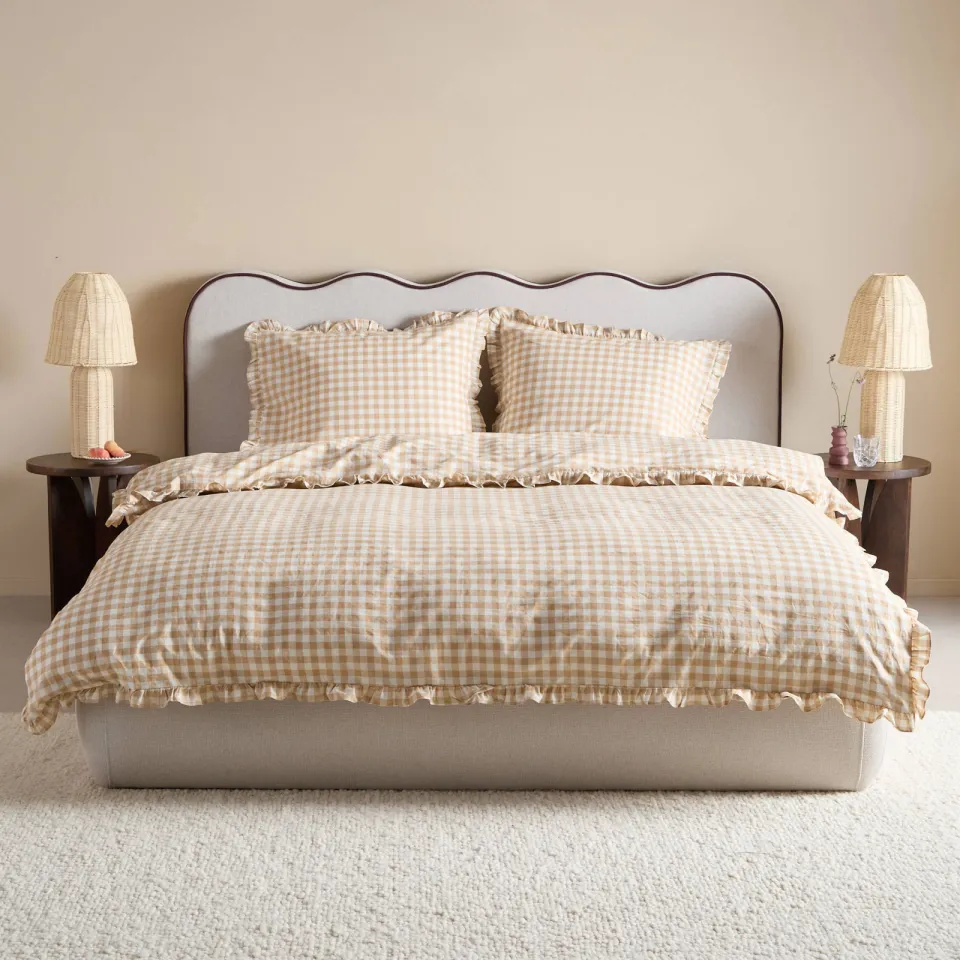 NOUS Living katoenen geruite ruffle 2-persoons dekbedovertrek 200x220 cm - beige, foto 6