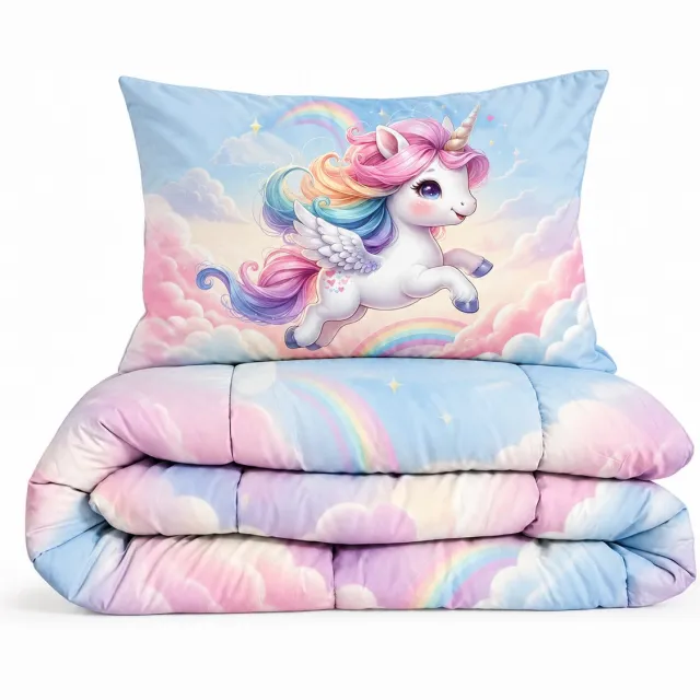 Eleganzzz Kinderdekbed Zonder Overtrek Rainbow Unicorn - Eenhoorn Kinderdekbed - Multi - 140x200 cm - Microvezel - Inclusief Kussensloop