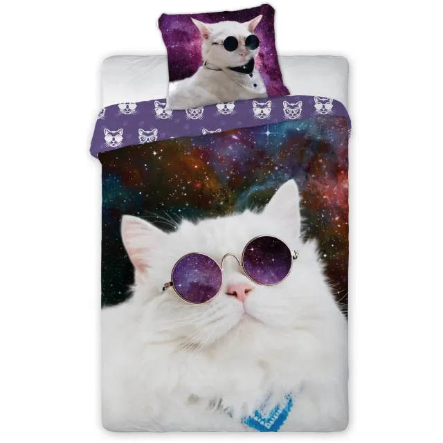 Faro Animal Pictures -coole kat met zonnebril- Dekbedovertrek - Eenpersoons - 140x200 Violet;Wit