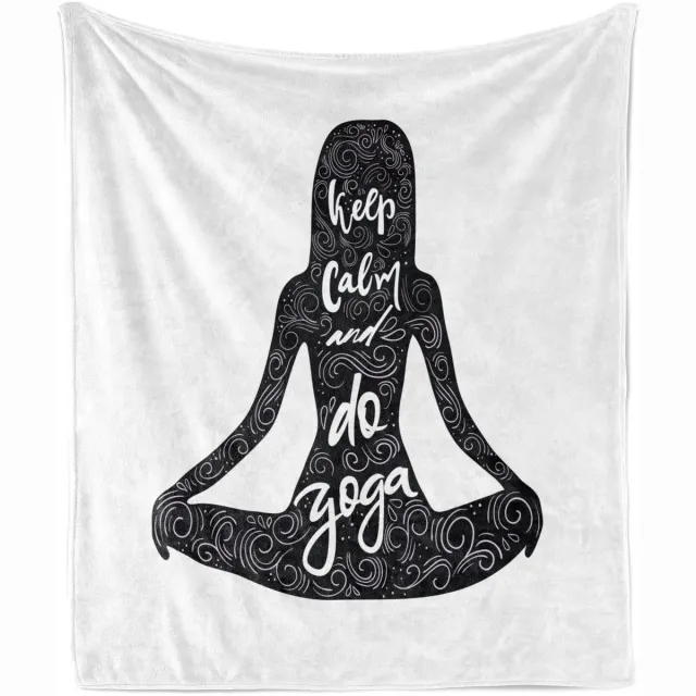 ABAKUHAUS Keep calm, stay calm Zachte flanellen fleece deken, Yoga-tekst voor meisjes, Gezellige pluche plaid, 125 x 175 cm, Wit Zwart Lichtgeel