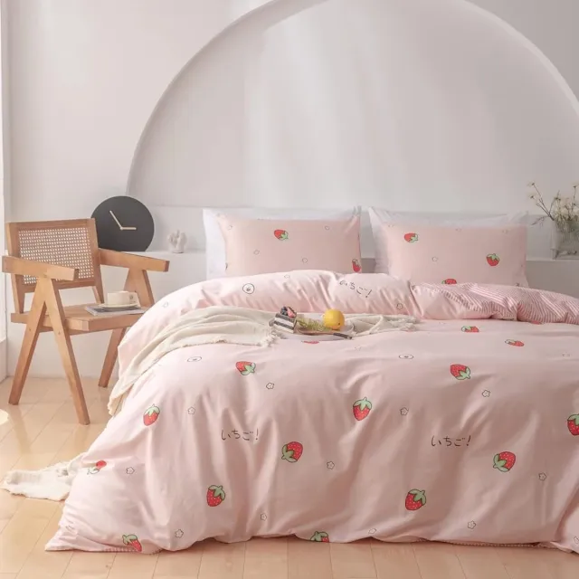 JGS ® Beddengoed Set voor Kinderen met Aardbeienpatroon en Omkeerbaar Ontwerp in Roze