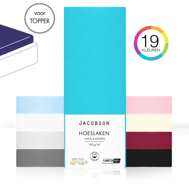 JACOBSON Hoeslaken Topper – 100% Jersey Katoen – 200x200 cm – Turquoise