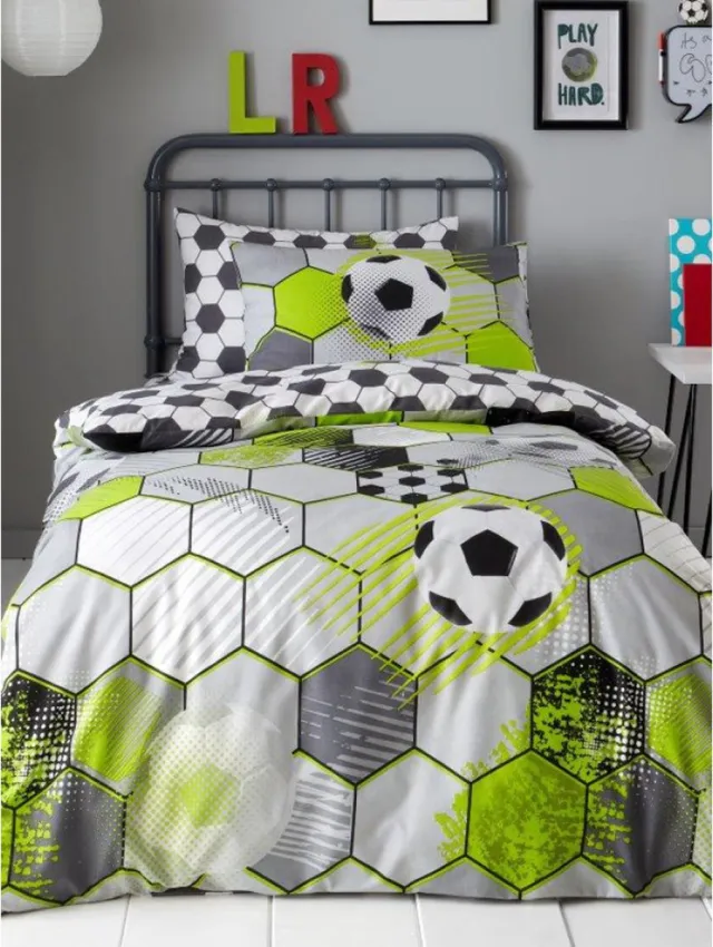 CL 1-persoons jongens dekbedovertrek (dekbed hoes) wit – grijs – zwart en fel neon groen (limegroen) met voetballen (ruitjespatroon / hexagoon football soccer) eenpersoons 140 x 200 cm (stoer voetbal beddengoed / kinderkamer)
