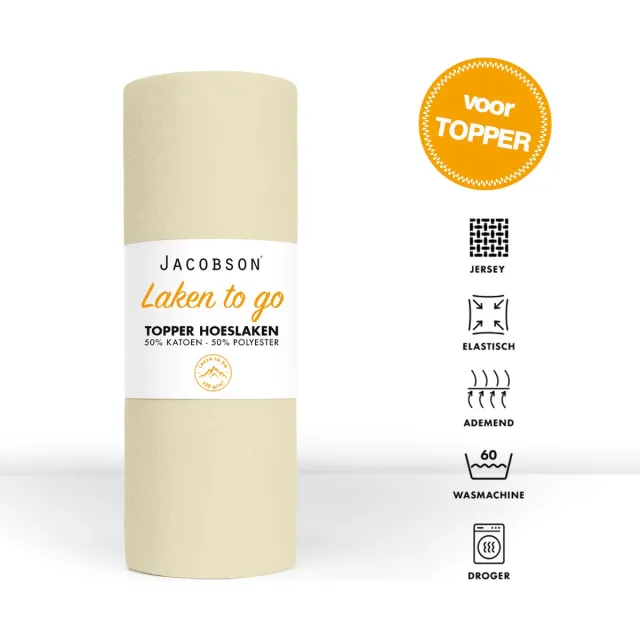 JACOBSON Hoeslaken Topper - 200x200cm - Jersey Katoen - tot 10cm matrasdikte - Natural / Crème