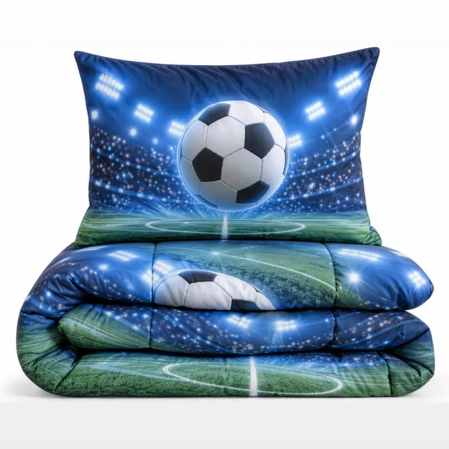 Eleganzzz Kinderdekbed Zonder Overtrek Football Glory - Voetbal Kinderdekbed - Blue - 140x200 cm - Microvezel - Inclusief Kussensloop
