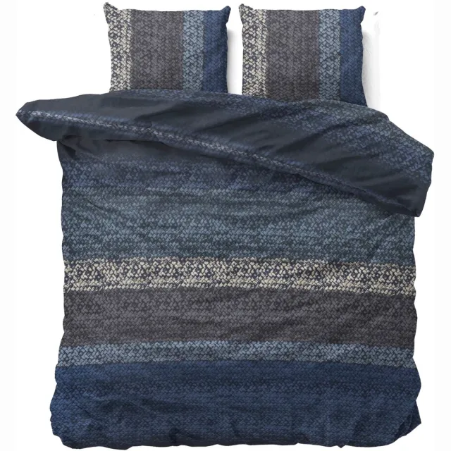 Catherine Lansfield 2-persoons flanellen dekbedovertrek (dekbed hoes) blauw / grijs / antraciet kreukel patroon gestreept / brei motief van grof garen / wol FLANEL KATOEN tweepersoons 200 x 220 cm (warm en zacht voor winter / najaar, Sint & Kerst cadeau!)