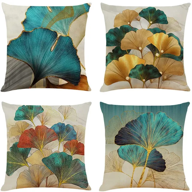 Ibenzoa Set van 4 Luxe Kussenhoezen met Turquoise en Gouden Bladeren, 45 x 45 cm, Decoratieve Sierkussens blauw