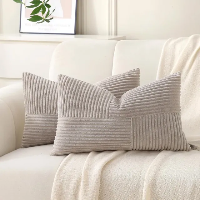 Famanu Corduroy ribfluweel kussenhoezen set van 2 (30x60 cm) – gestreept patchwork – boho stijl – taupe – rechthoek