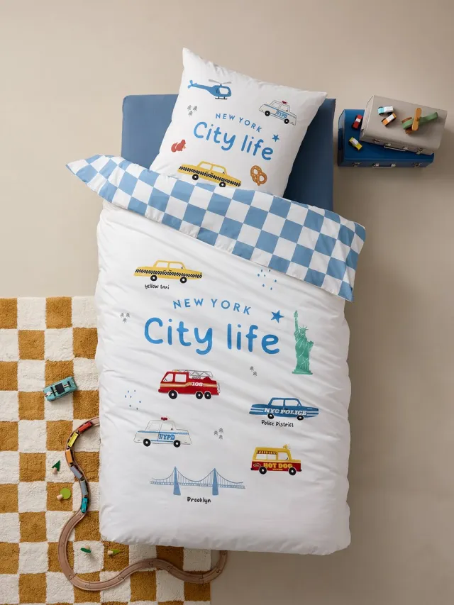 vertbaudet Dekbedovertrekset + kussensloop kind met gerecycled katoen VARSITY Blauw Geruit