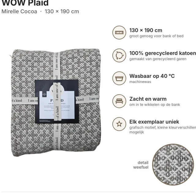 Wow Plaid 130x190 cm – Mirelle Cocoa – 100% Gerecycleerd Katoen – Woondeken / Plaid voor Bank en Bed Bruin