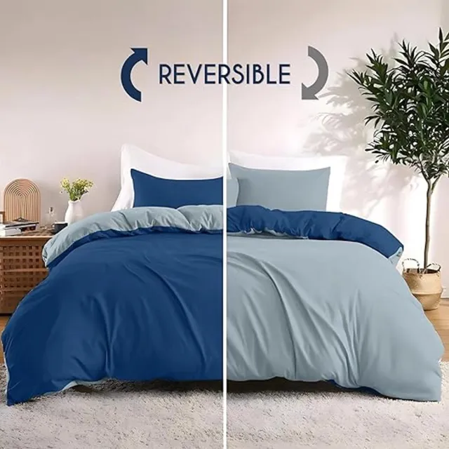 Karma Dekbedovertrek 200x200 cm met 2 kussenslopen 65x65 cm - Donkerblauw/Blauwgrijs - 200x200 Bedset in 100% microvezel - 3-delig Donkerblauw / Blauwgrijs