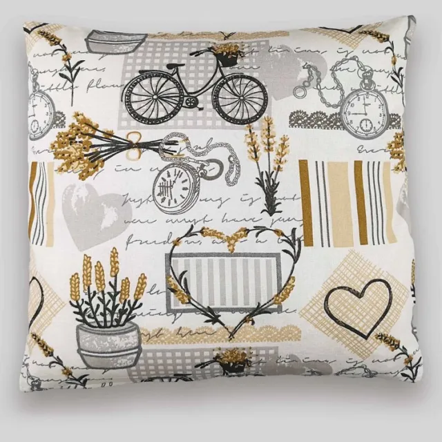NATALIA- Tekstylia Domowe Katoenen Kussensloop 40x40cm - Lavendel & Fietsen Motief Beige/Grijs