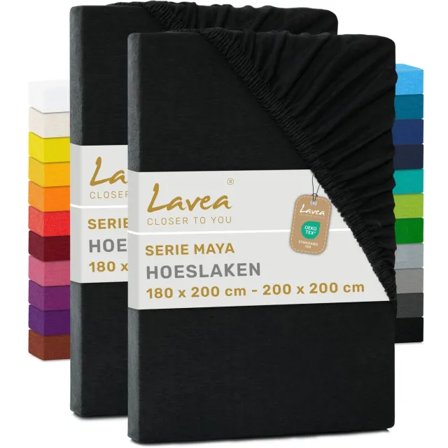 lavea Set van 2 Hoeslakens 180x200 cm – 100% Zacht en Ademend Katoen – voor Dikke Matrassen tot 20 cm – Jersey met Elastiek rondom – Zwart