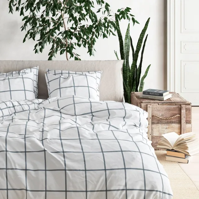 Mistral Home DEKBEDOVERTREK - recycled katoen renforcé - 140 x 200 cm + 65 x 65 cm - eenpersoons - ruiten - zwart- Duurzaam Zwart/Wit