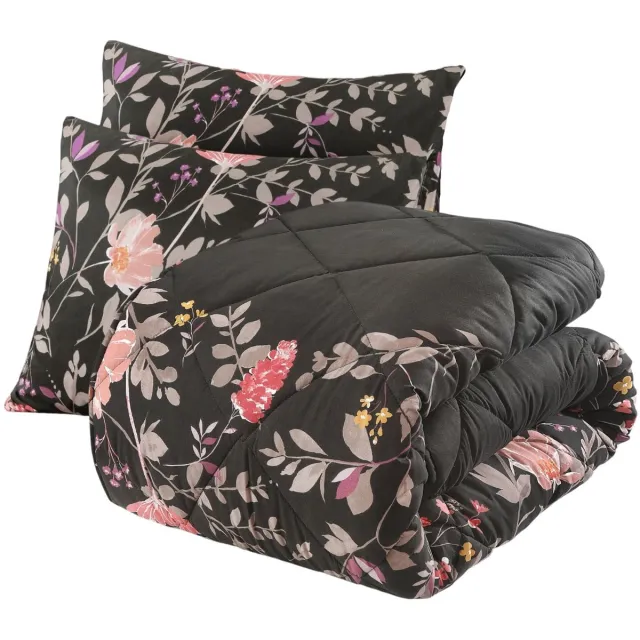 Bed Care Lazy Dekbed- Dekbed Zonder Overtrek - Vintage Flowers - 140x200 - Antraciet - Inclusief Kussensloop 60x70 cm
