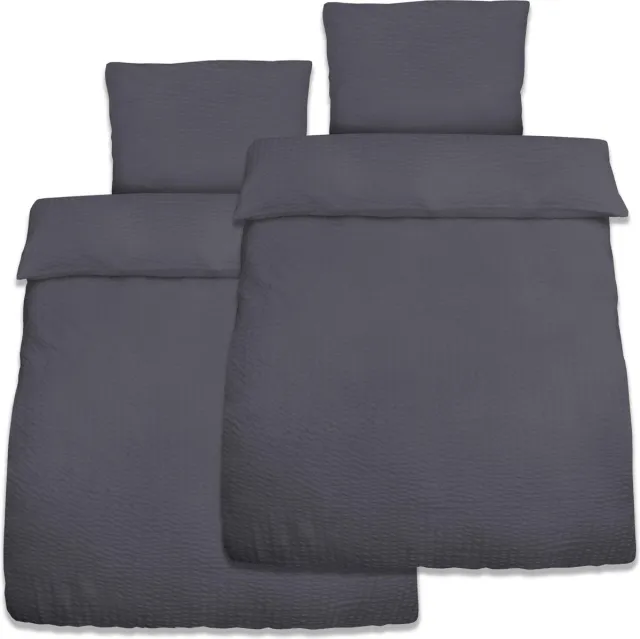 Beautissu Meline Seersucker 2x Dekbedovertrek Set 135x200 cm & 2x Kussensloop 80x80 cm met Rits Zomer Beddengoed Antraciet Ademend & Huidvriendelijk 2x Antraciet