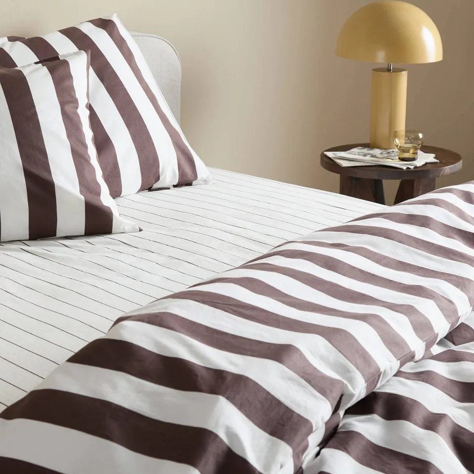 NOUS Living katoenen gestreepte hoeslaken off-white, foto 2