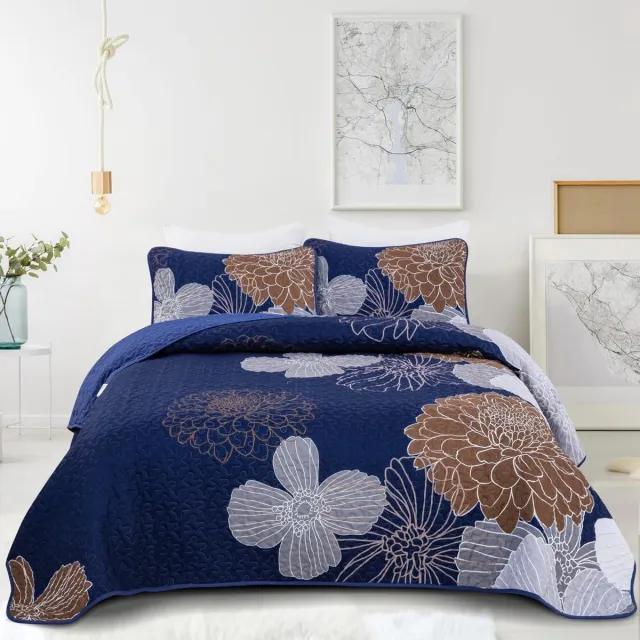 Unyqoos Luxueuze Zomerdeken Set met Bloemenpatroon en Kussenslopen voor Tweepersoonsbed Marineblauw bruin