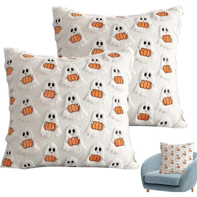 Huttutu Kussenslopen - Halloween Bank Kussenhoezen met Pompoen en Spook Motief - 2-delige Set - Geschikt voor Slaapkamer en Woonkamer - 2 Stuks Wit