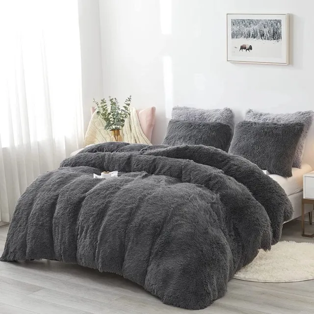 LUCKICE Beddengoedset Pluche Beddengoed 200x200cm Extra Zachte Kunstbont Flanellen Dekbedovertrek met Kussensloop 80x80cm en Ritssluiting Donkergrijs