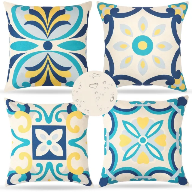 Ibenzoa Kleurrijke Set van 4 Waterbestendige Sierkussenhoezen met Abstracte Bloemenprints en Geometrische Patronen voor Binnen- en Buitengebruik blauw