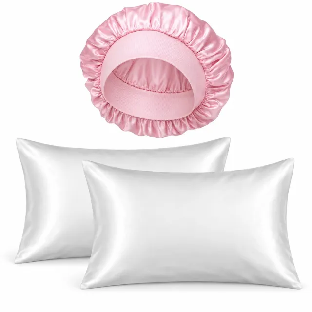 Professor Q Slaapset - 2 Satijnen Kussenslopen Wit 60 x 70 cm - Satijnen Bonnet Roze Wit | Roze