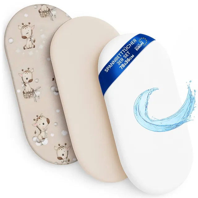Totsy baby Hoeslaken Kinderwagen Baby Hoeslakenset Set van 3: - 2x lakenset + 1x waterdichte matrasbeschermer - Babybed Accessoires voor Kinderbedje Aanschuifbed Wiegje Giraffen