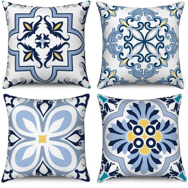 Unyqoos Set van 4 decoratieve kussenslopen met boho-geometrische prints in blauw en geel