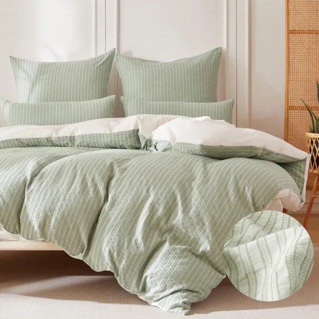 Unyqoos Vierdelige katoenen beddengoedset met gestreept design en ritssluiting Groen