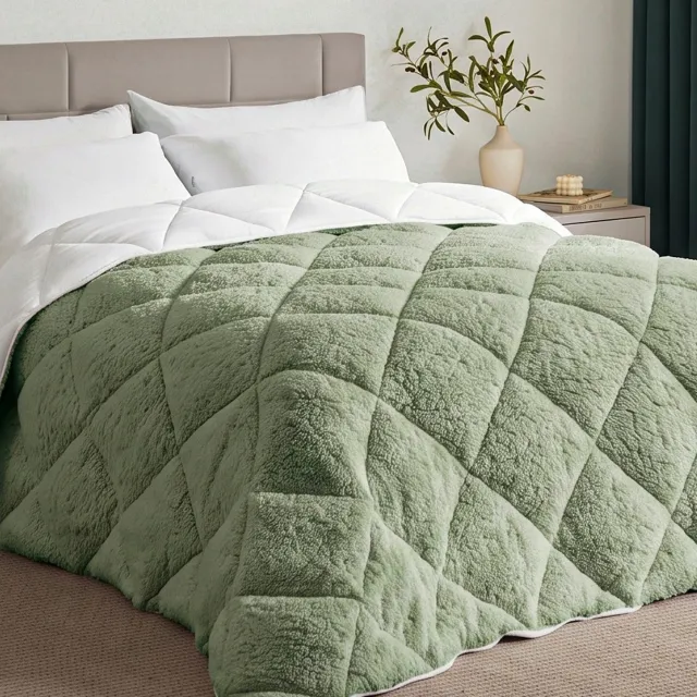 CASABEL FLANDRIA Sherpa Winterdekbed Omkeerbaar 600 g/m², Extra Warm, Zacht en Pluizig, 220x240cm, 2 Personen, Saliegroen Olijfgroen