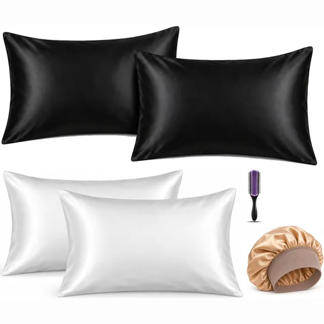 Professor Q Haar- en Slaapset - 2 Kussenslopen Wit 60 x 70 cm - 2 Kussenslopen Zwart 60 x 70 cm - Bonnet Goud - Purple Black Borstel Wit/Zwart