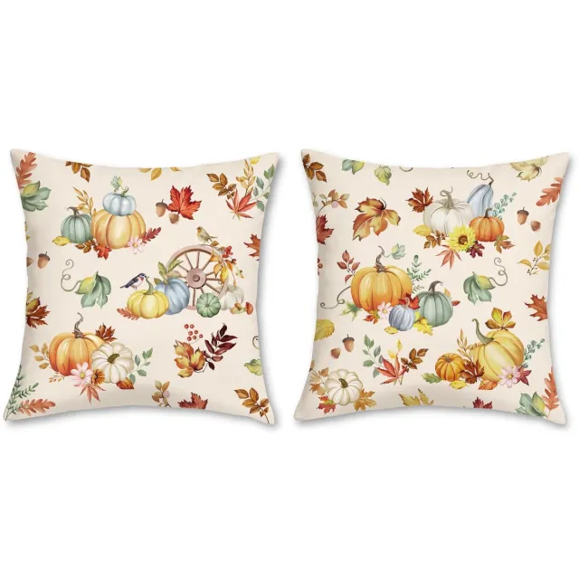 Ibenzoa Set van 2 decoratieve kussenhoezen met herfstmotief van pompoenen en bladeren, 45 x 45 cm beige