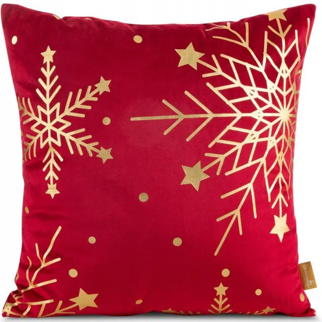 Eurofirany Kerst Sierkussenhoes 45x45 cm met Gouden Sneeuwvlokken Rood met gouden accenten