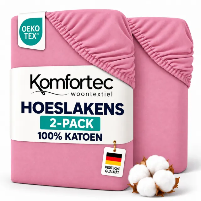 Komfortec Jersey Stretch 2-delige Hoeslaken Set , Dubbelpak, 23 cm Matrasdikte, Rondom Elastiek, 100% Katoen, Roze