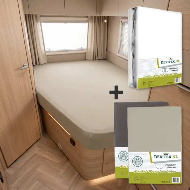 dexitex Textielpakket Frans bed - 1 molton met 2 hoeslakens - links- 1 x Zandkleur + Antraciet