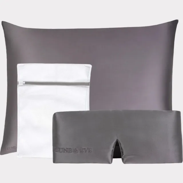 Lune & Eve® Beauty Sleep Set – Antraciet – Luxe Zijden Kussensloop, Slaapmasker & Waszakje – 23 Momme Mulberry Silk – Hypoallergeen & Verzorgend voor Huid, Haar & Slaapkwaliteit