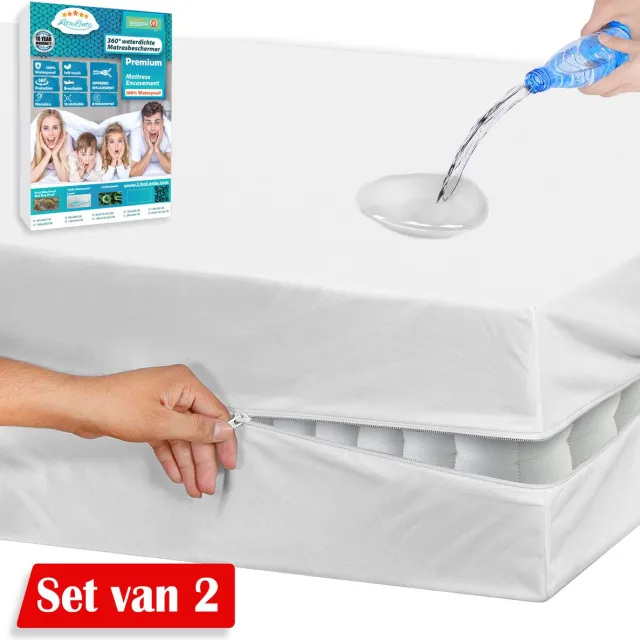 Litalente Luxe Waterdichte Matrashoes Met Rits (set van 2) - Matrasvernieuwer 180 x 200 cm - Anti Bedbug - Allergie, Huisstofmijt en Antibacteriële - 100% Waterdichte en Bedwantsbestendige Matrasbeschermer Molton - Ritssluiting - 180x200 cm Wit