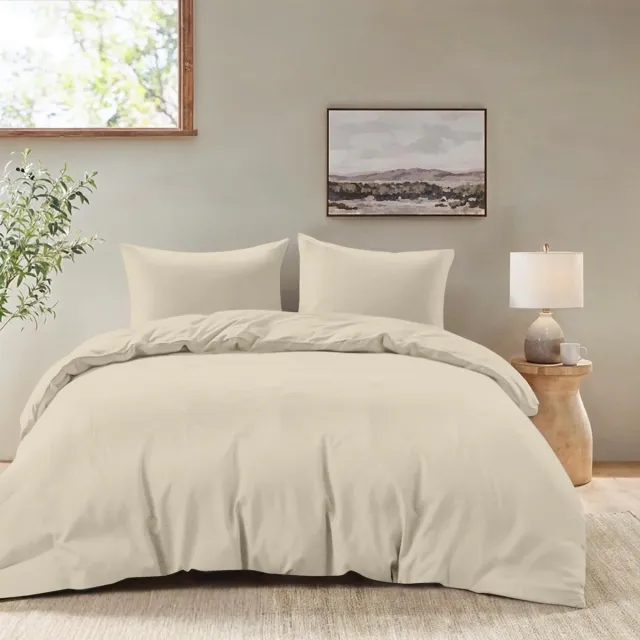 Famanu Dekbedovertrek set van 3 delen 200x220 cm met 2 kussenslopen van 65x65 cm, beige, 100% microvezel, ideaal voor een zachte en ademende slaapervaring