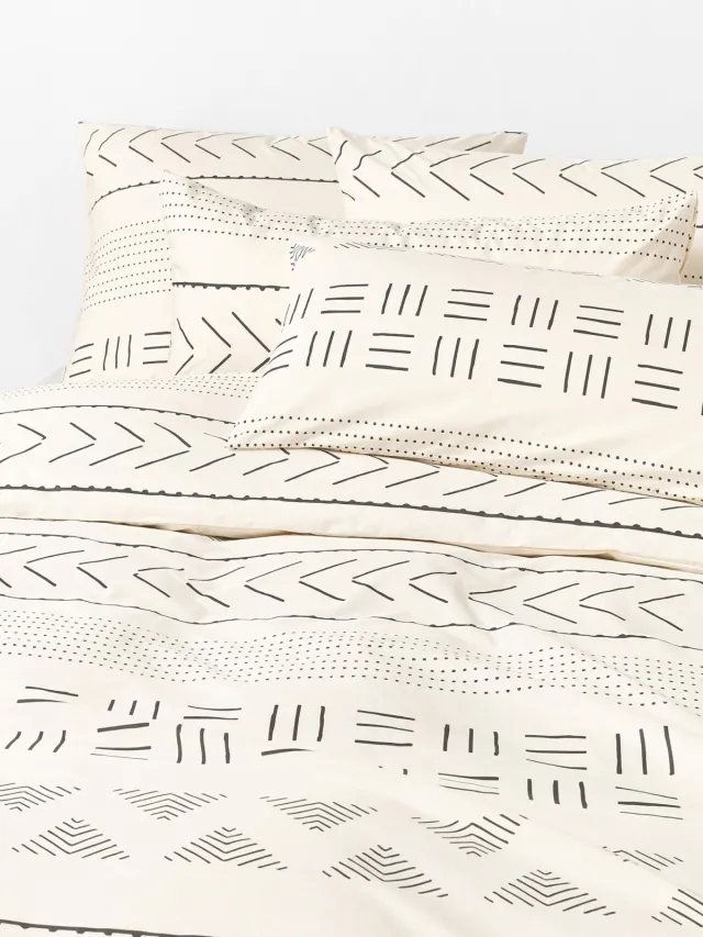 Westwing Collection Perkal katoenen dekbedovertrek Kohana met boho patroon Grijs, Wit