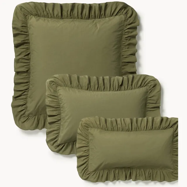 Westwing Collection Gewassen katoenen perkal laken Louane met ruches Groen