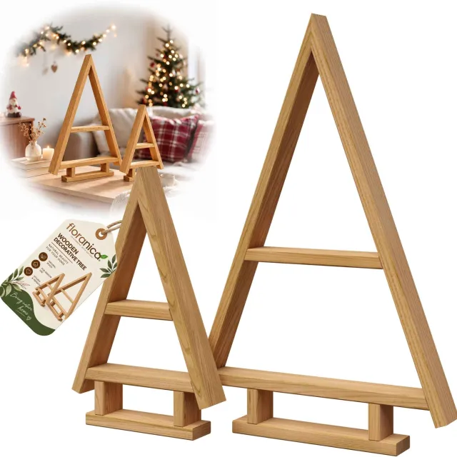 Floranica Houten Kerstboom van Grenen, 2-delig, 55 + 35 cm, Tafeldecoratie, Geïmpregneerd voor Binnen en Buiten – Natuur